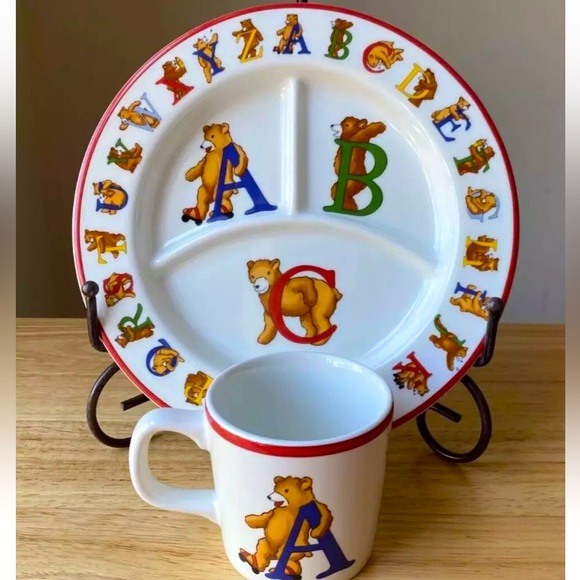 Vintage TIFFANY & CO ALPHABET BEARS Divided Plate & Cup Set Japan Never Used - Picture 2 of 13